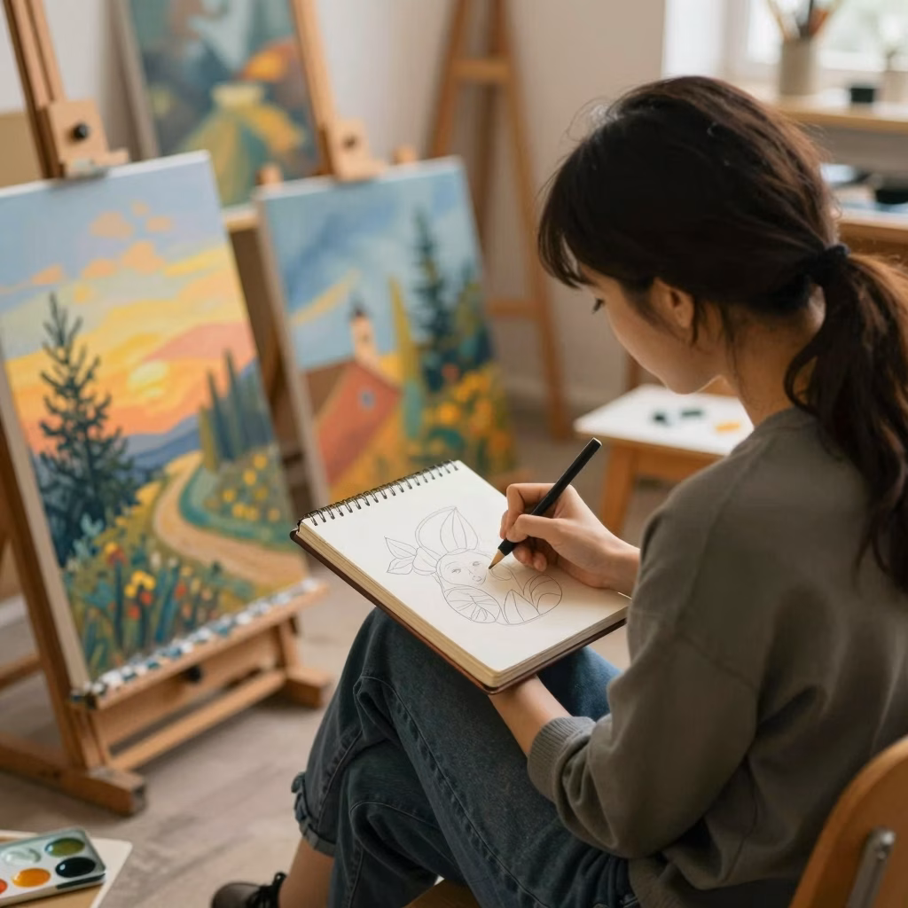 Personne dessinant dans un carnet de croquis entouree de peintures colorees pour la relaxation
