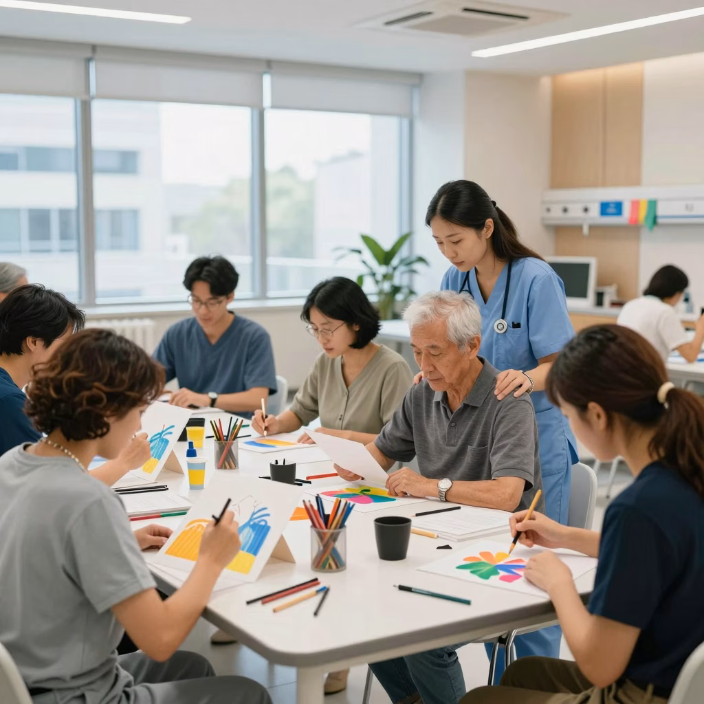 Atelier d'art-thérapie en milieu hospitalier avec des patients atteints de cancer