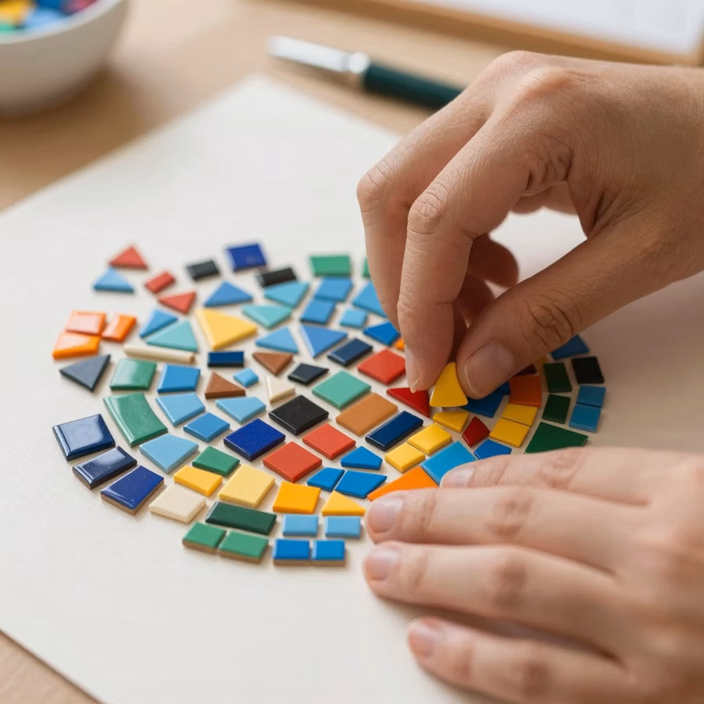 Mains d'un patient créant une mosaïque colorée comme forme d'art-thérapie pendant le traitement du cancer
