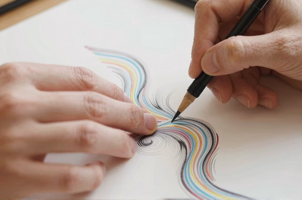 Gros plan des mains créant des motifs abstraits en art-thérapie, illustrant la neuroplasticité