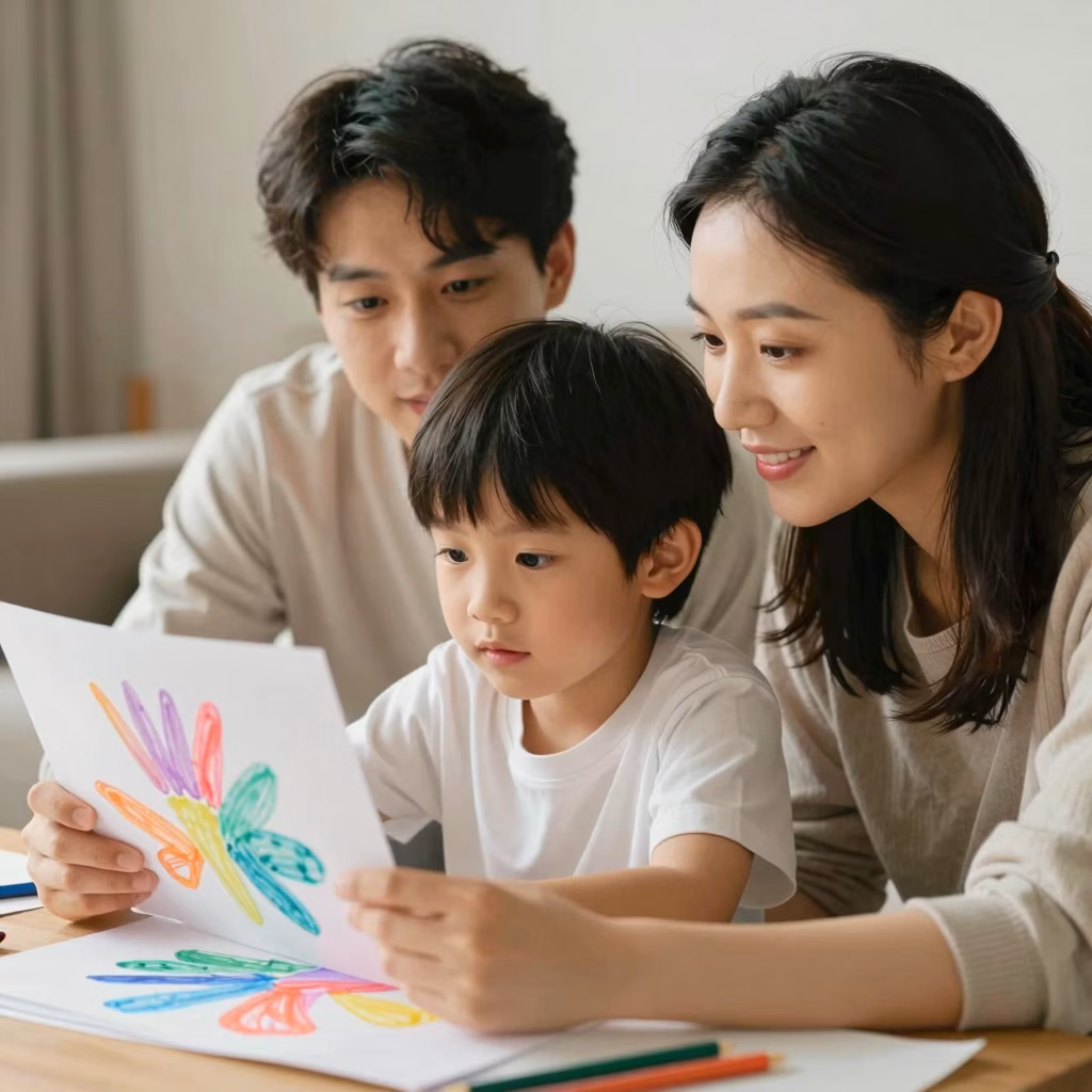 Parent et enfant partageant un moment créatif autour d'une activité artistique