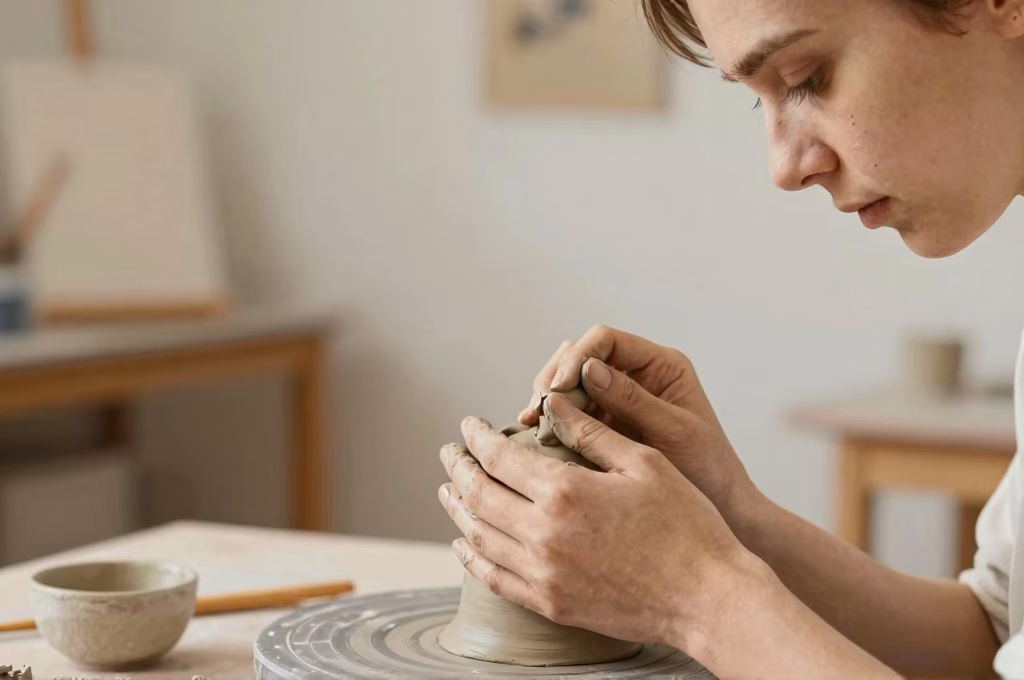 Personne faisant du modelage d'argile en atelier d'art-thérapie avec concentration sereine