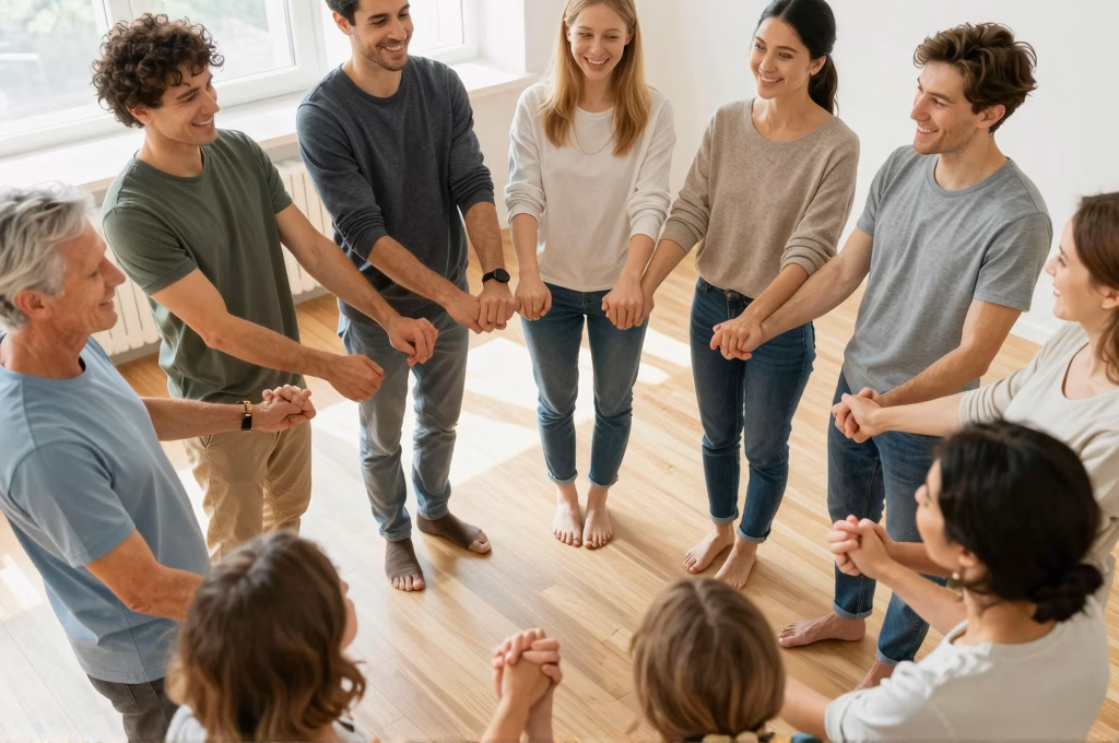 Cercle de participants se tenant les mains lors d une seance de biodanza en groupe