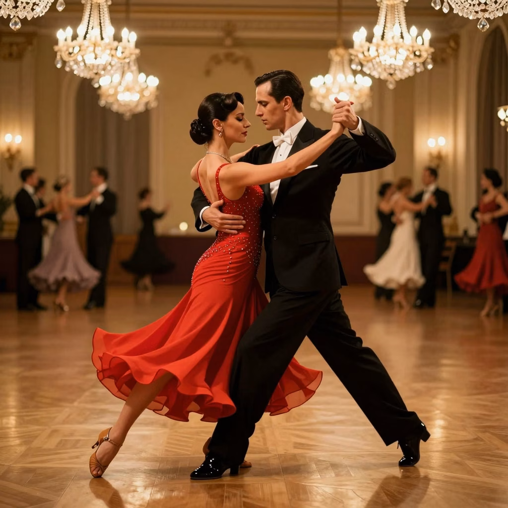 Couple élégant dansant un tango passionnel dans une salle de bal avec éclairage doré