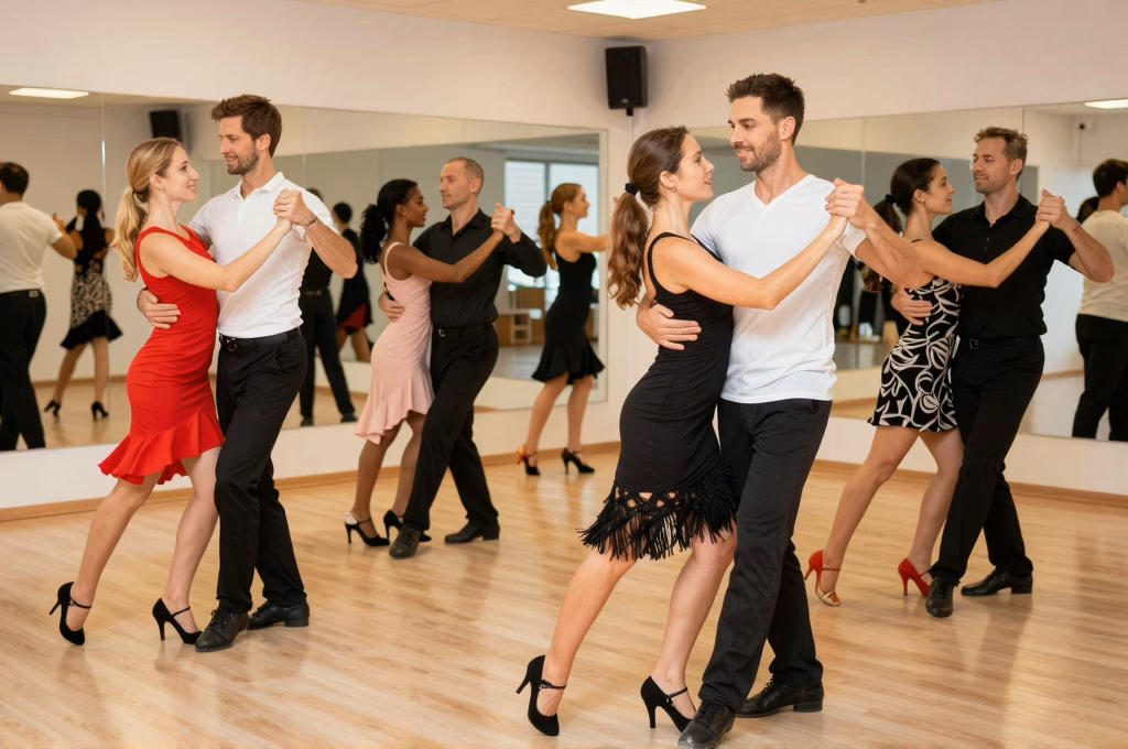 Cours collectif de danse merengue dans un studio lumineux avec miroirs