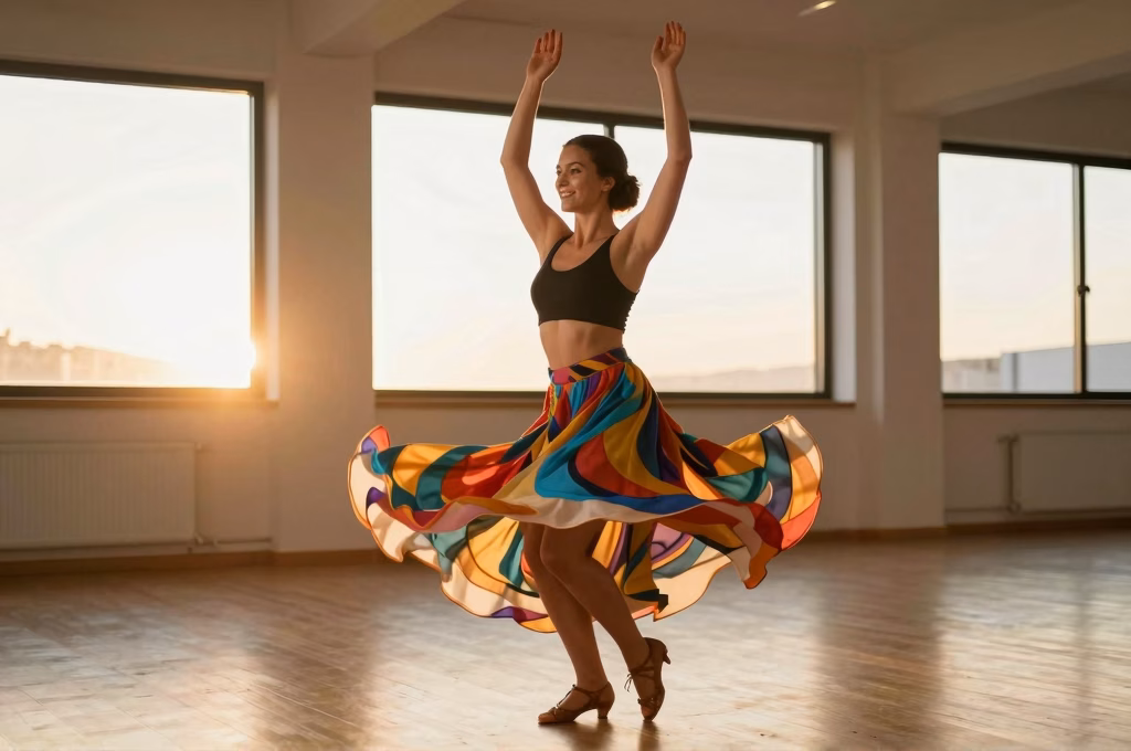 Femme dansant le merengue bras levés exprimant liberté et joie du mouvement