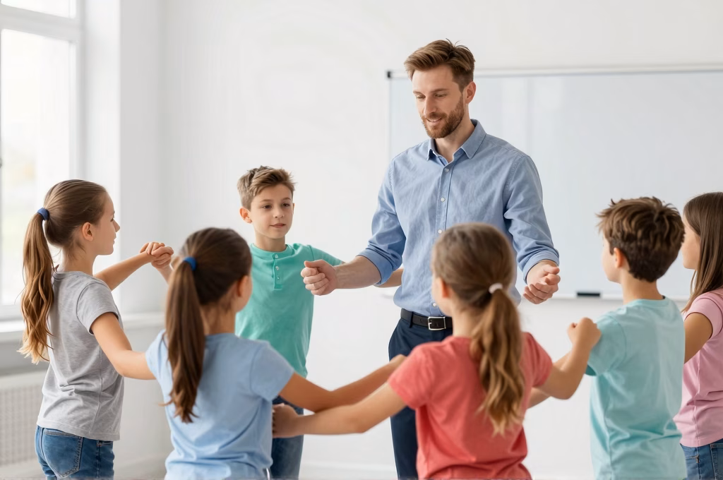 Enseignant guidant des enfants dans des mouvements de danse en classe, éducation danse