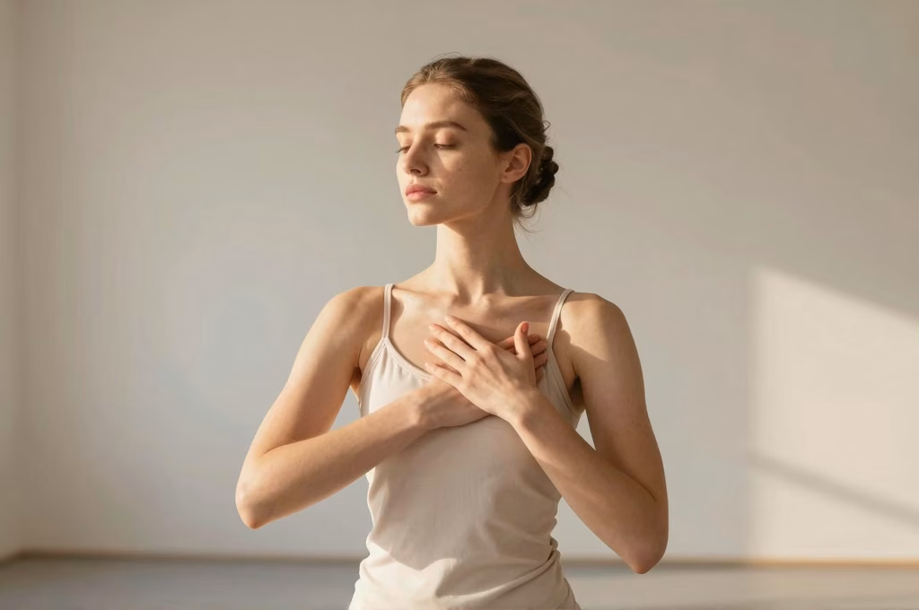 Posture de bien-etre et acceptation corporelle en danse-therapie, mains sur le coeur