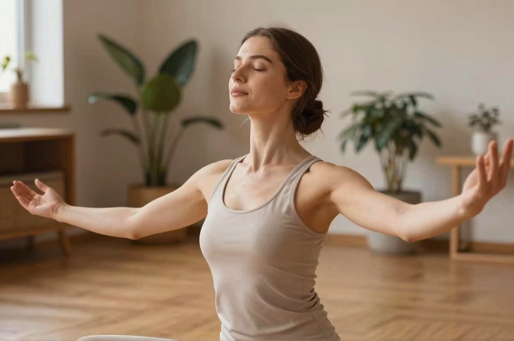 Expression corporelle douce en seance de danse-therapie, bras ouverts dans une atmosphere apaisante
