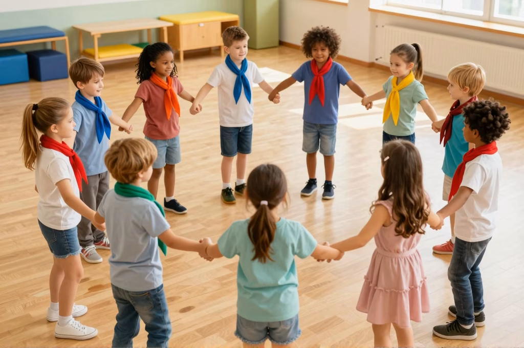 Enfants autistes dansant ensemble en groupe pendant une séance de danse-thérapie avec interaction coopérative et mouvements partagés