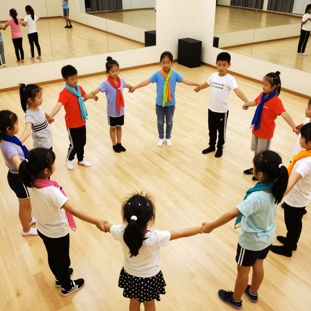 Groupe d'enfants participant à un atelier de danse-thérapie en cercle avec des foulards colorés