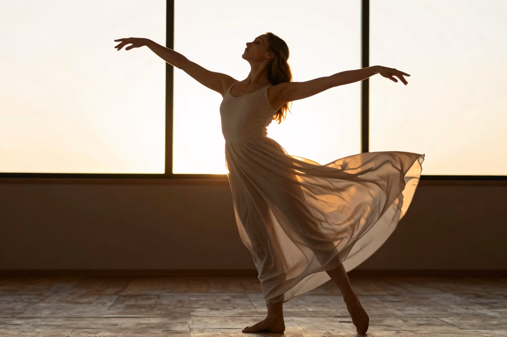 Liberation emotionnelle par la danse-therapie avec mouvement expressif dans une lumiere chaleureuse