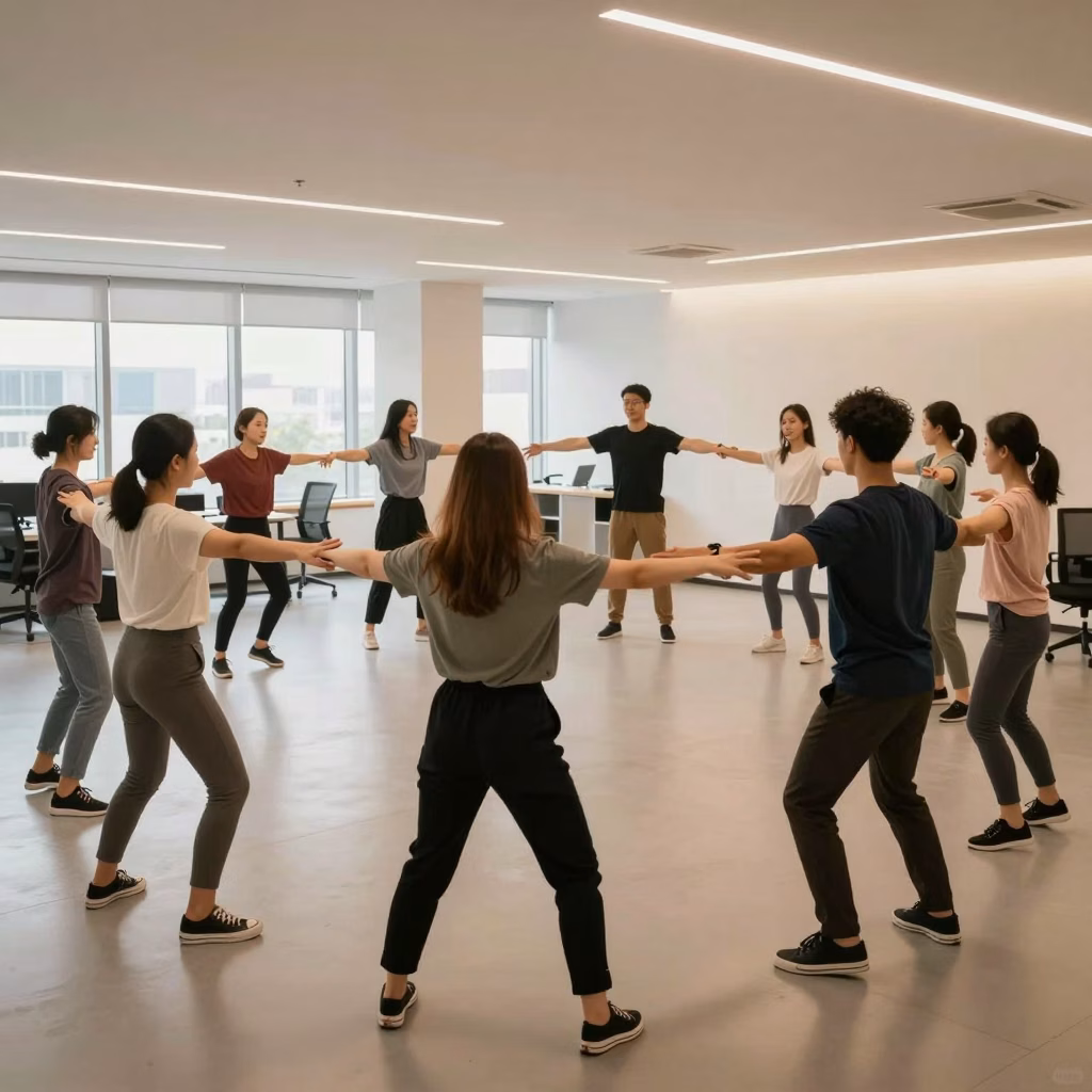 Atelier de danse-thérapie en entreprise avec des salariés en mouvement expressif