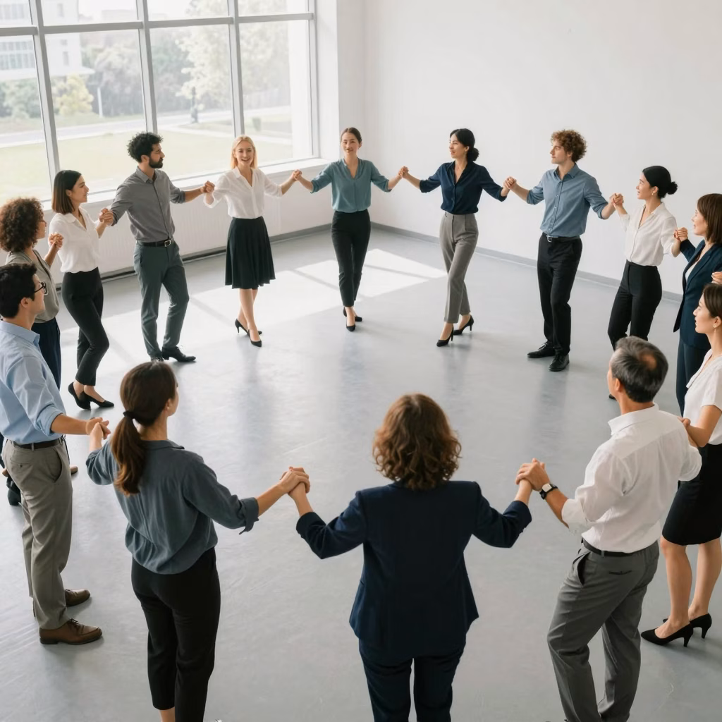 Équipe professionnelle participant à une session de danse-thérapie comme activité de team building