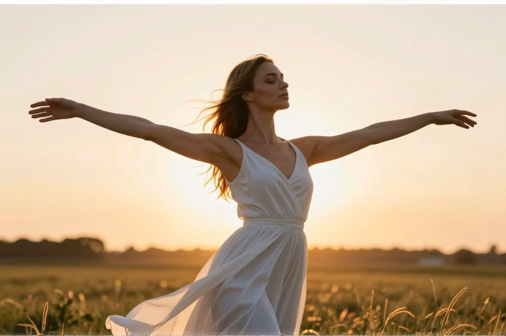 Femme bras ouverts dans une prairie au coucher du soleil symbolisant l'acceptation après le deuil