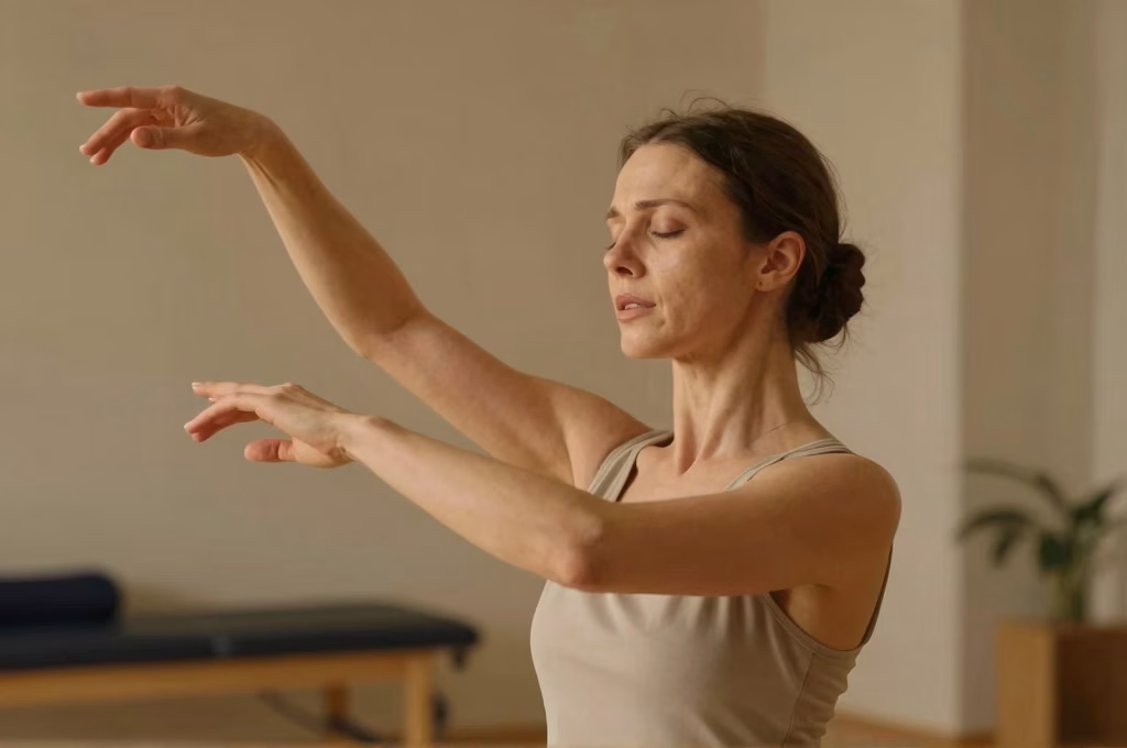 Femme en mouvement de danse-thérapie exprimant la libération émotionnelle du deuil en studio