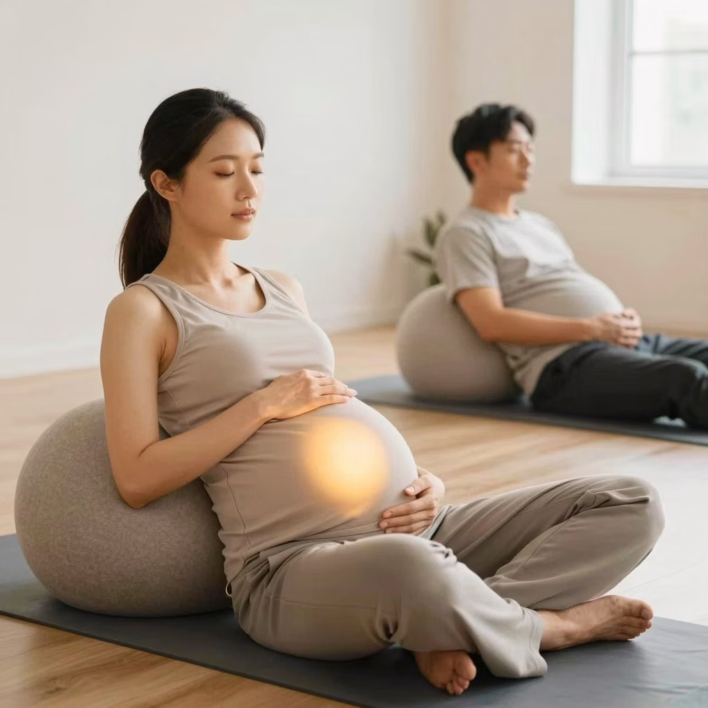 Femme enceinte en relaxation après une séance de danse-thérapie prénatale