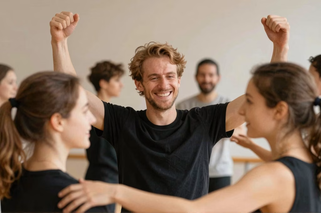 Moment d'expression corporelle et de joie partagee lors d'une seance de danse-therapie