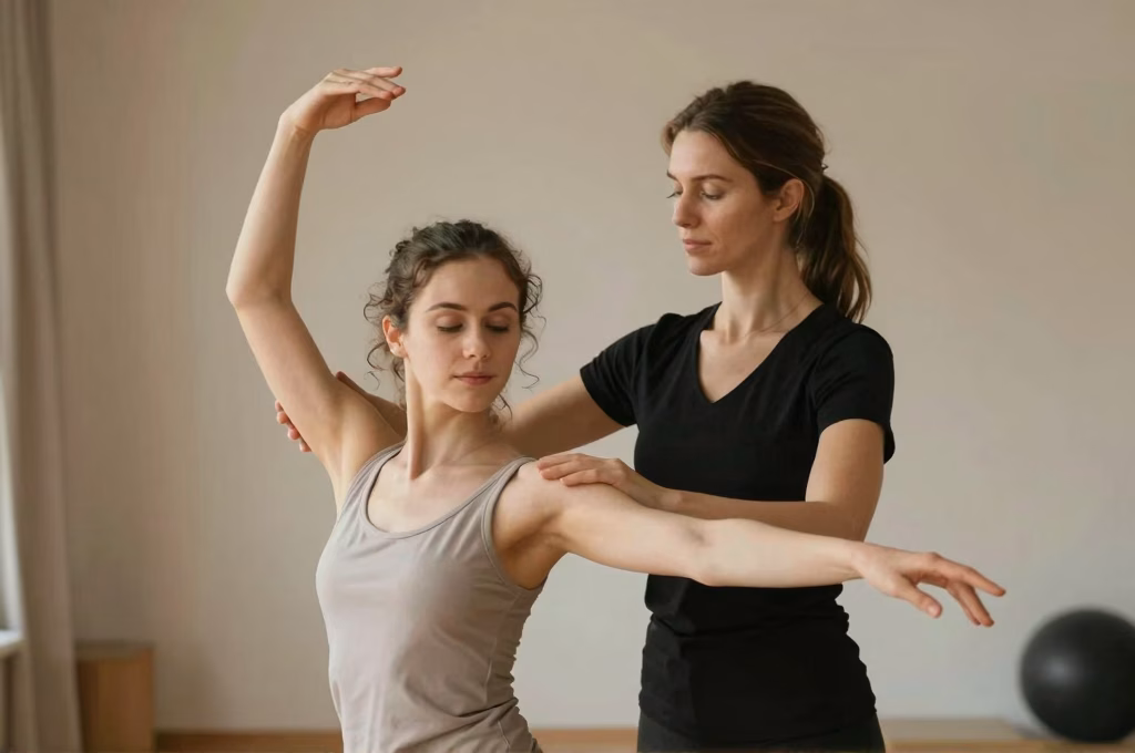 Danse-therapeute guidant une patiente en mouvement libre lors d'une seance individuelle