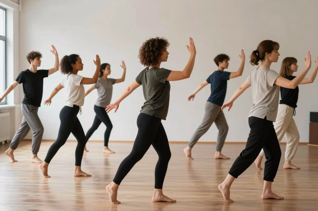 Séance de groupe de danse-thérapie avec mouvements expressifs libres dans un studio spacieux