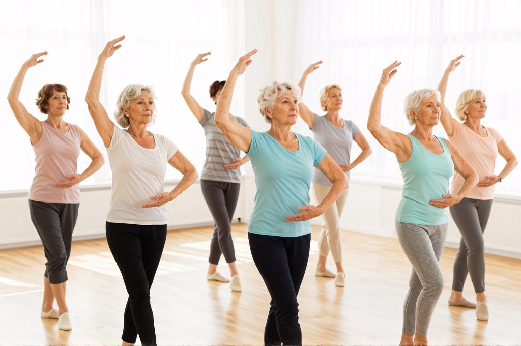 Groupe de femmes seniors pratiquant des mouvements de danse-thérapie en cercle pour la santé cognitive