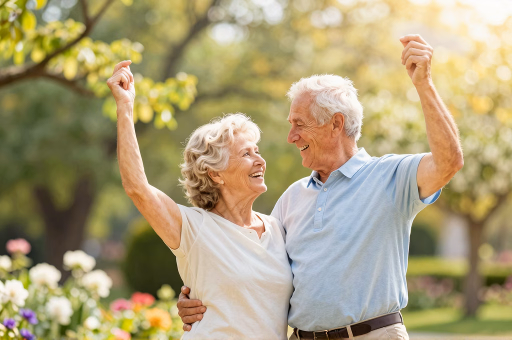 Couple âgé dansant bras levés dans un jardin fleuri, vitalité et joie grâce à la danse-thérapie