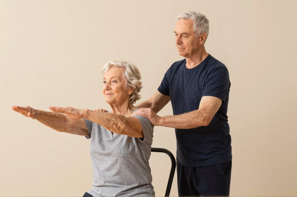Senior pratiquant des exercices d'équilibre et de mobilité avec appui thérapeutique