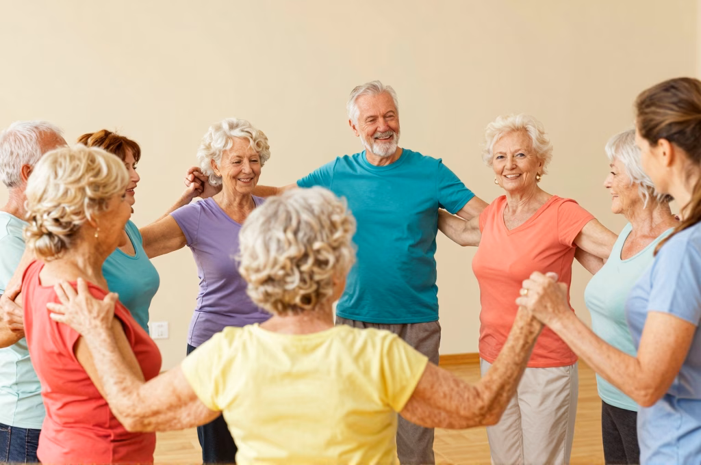 Groupe de seniors dansant ensemble dans une séance de danse-thérapie bienveillante
