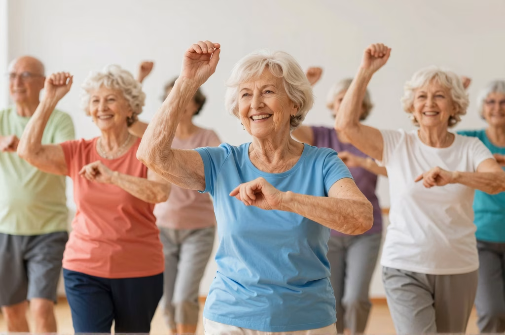 Seniors souriants dansant ensemble avec énergie et joie dans une atmosphère thérapeutique