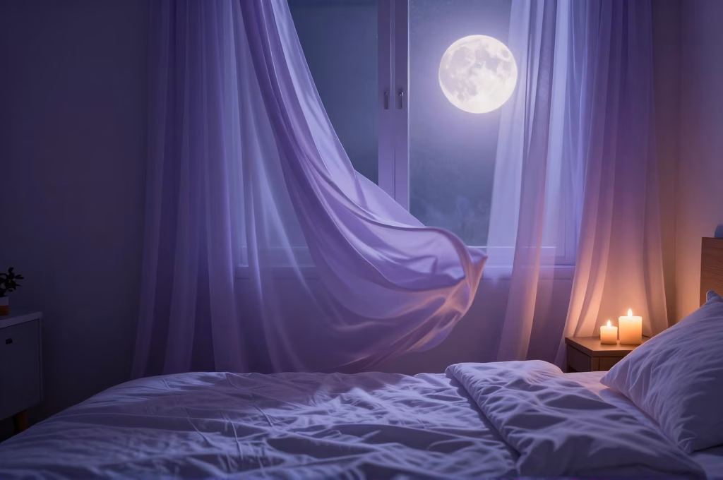 Chambre paisible au clair de lune avec ambiance relaxante propice au sommeil reparateur