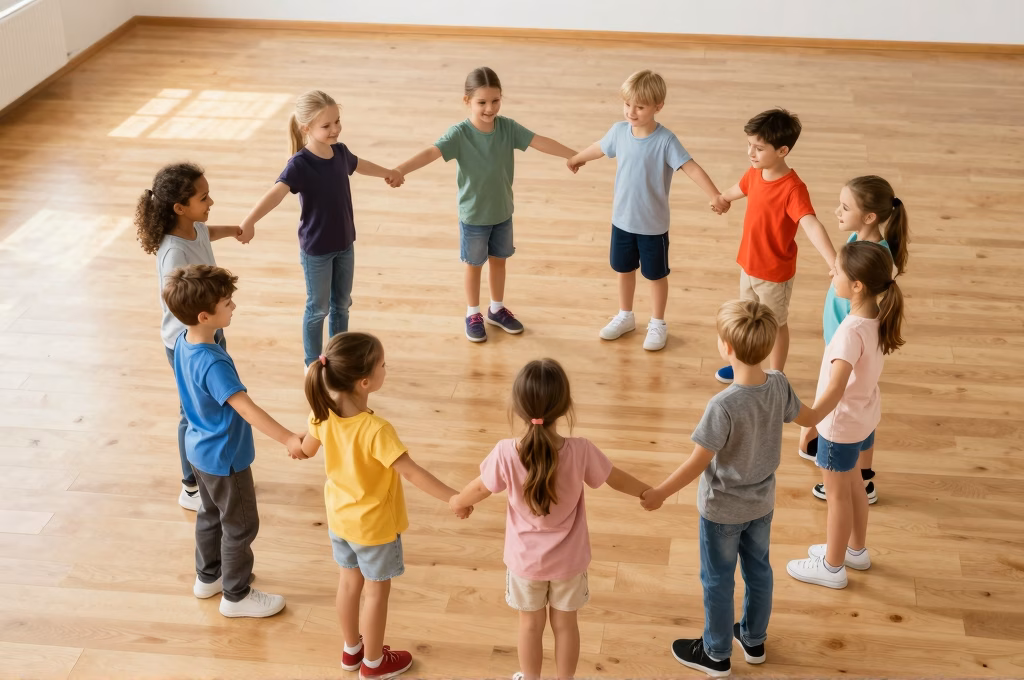 Groupe d'enfants en cercle lors d'un atelier de danse-therapie favorisant le bien-etre collectif