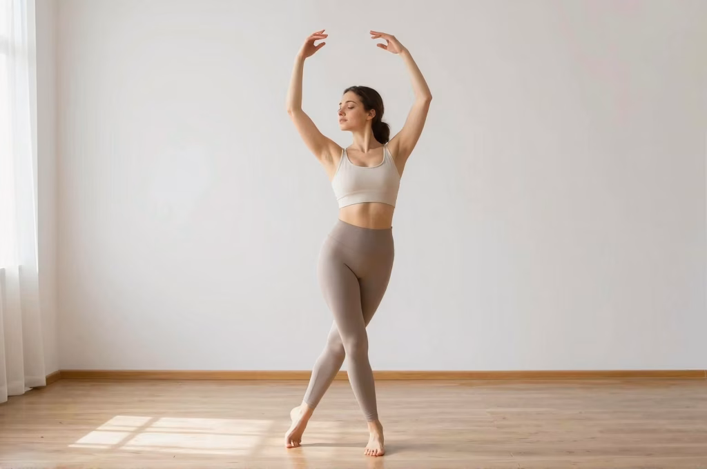 Pratique de la danse-therapie a domicile dans un espace lumineux et apaisant pour le bien-etre corporel
