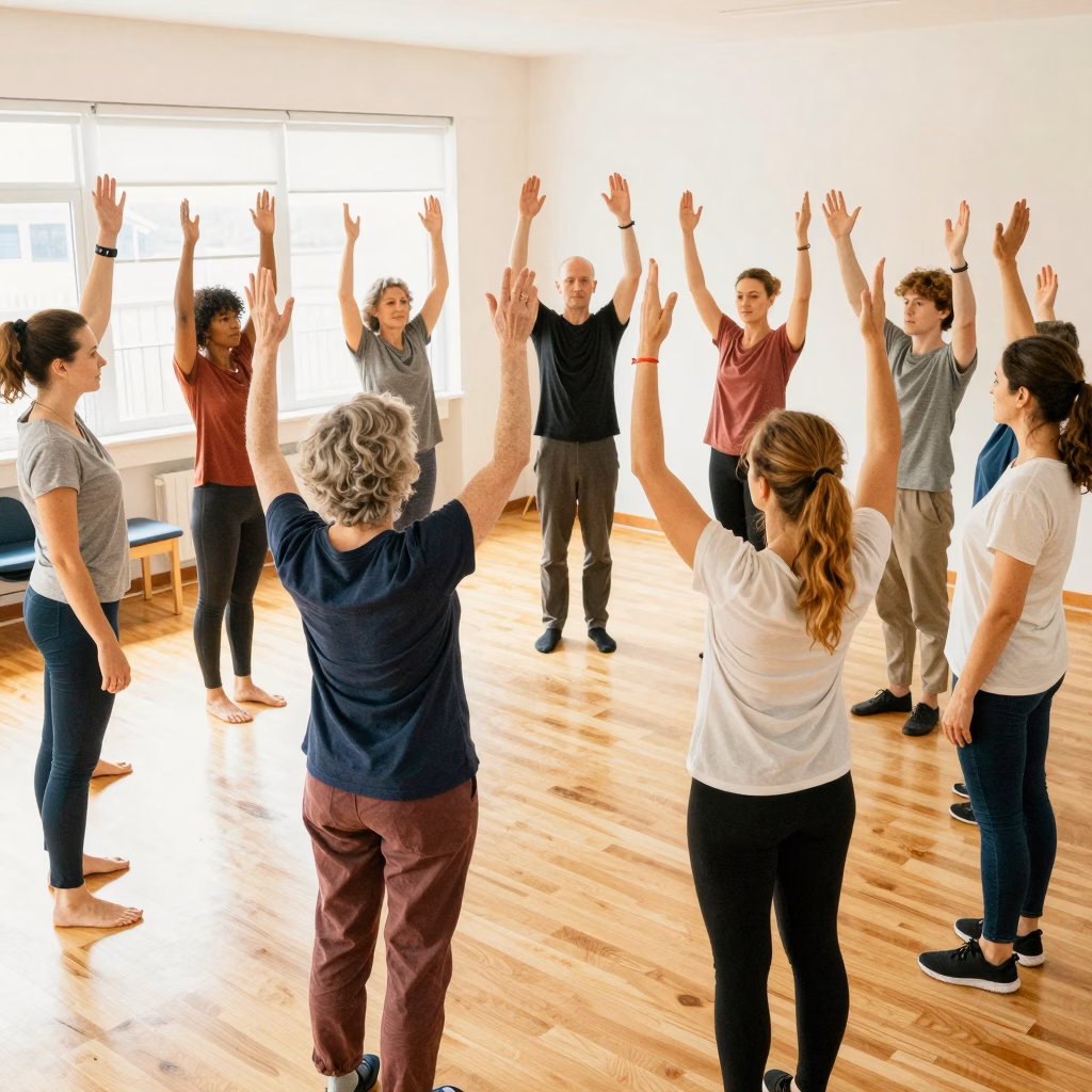 Groupe de personnes pratiquant la dramathérapie avec des exercices d'expression théâtrale
