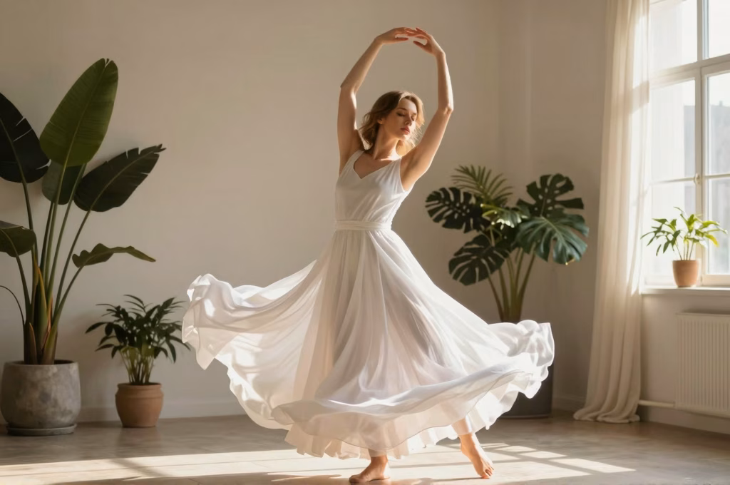 Danse méditative thérapeutique dans une pièce baignée de lumière naturelle