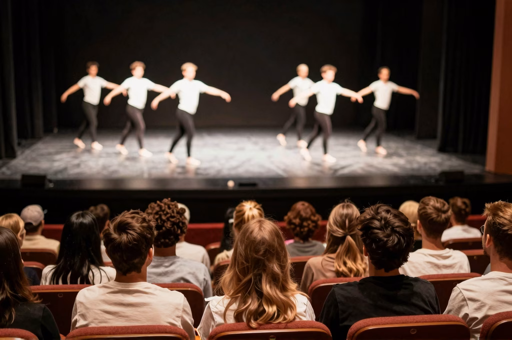 Public assistant a un spectacle de danse dans une atmosphere theatrale chaleureuse