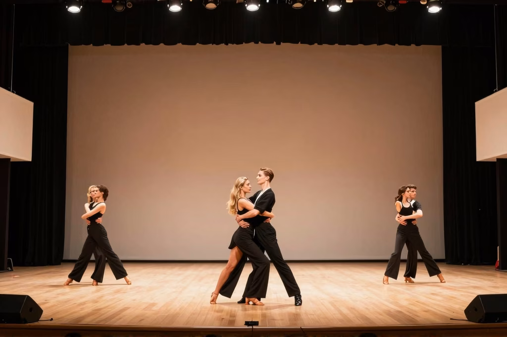 Salle de danse moderne avec performers en spectacle sur scene illuminee