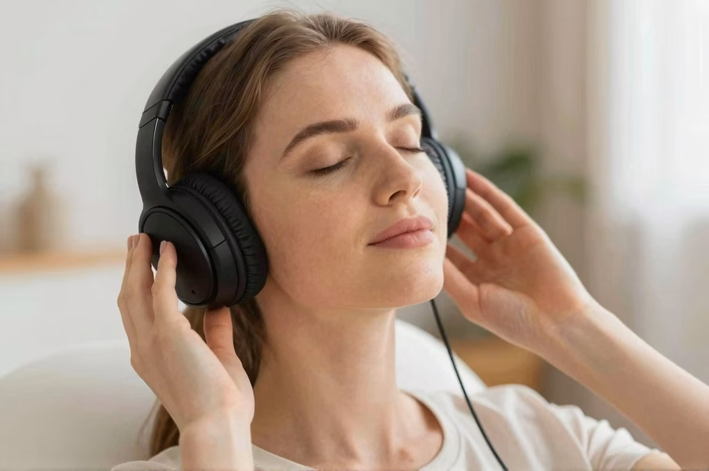 Femme écoutant une séance de musicothérapie réceptive dans une atmosphère apaisante et thérapeutique