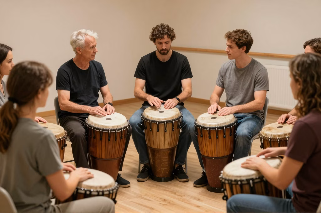 Séance de groupe de musicothérapie : participants jouant ensemble des instruments de percussion