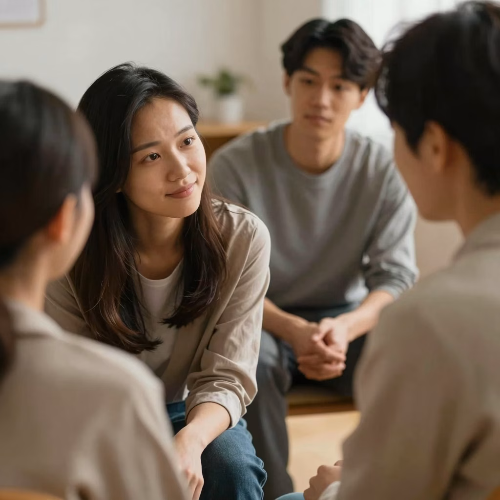 Participants &eacute;changeant avec bienveillance lors d'une s&eacute;ance de th&eacute;rapie de groupe