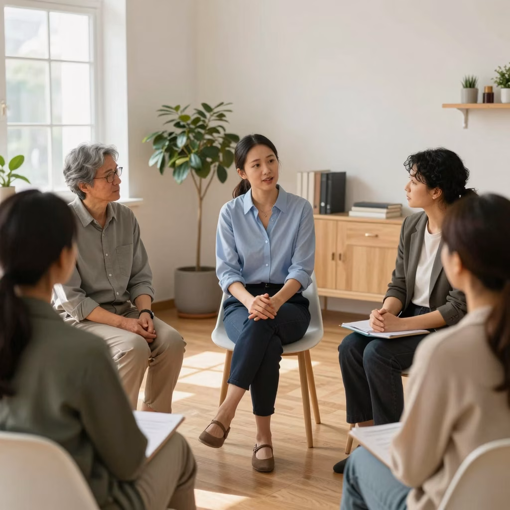 Th&eacute;rapeute animant une s&eacute;ance de psychoth&eacute;rapie de groupe avec empathie