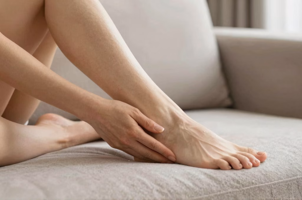 Femme pratiquant l'auto-massage des pieds chez elle pour la relaxation et le bien-être