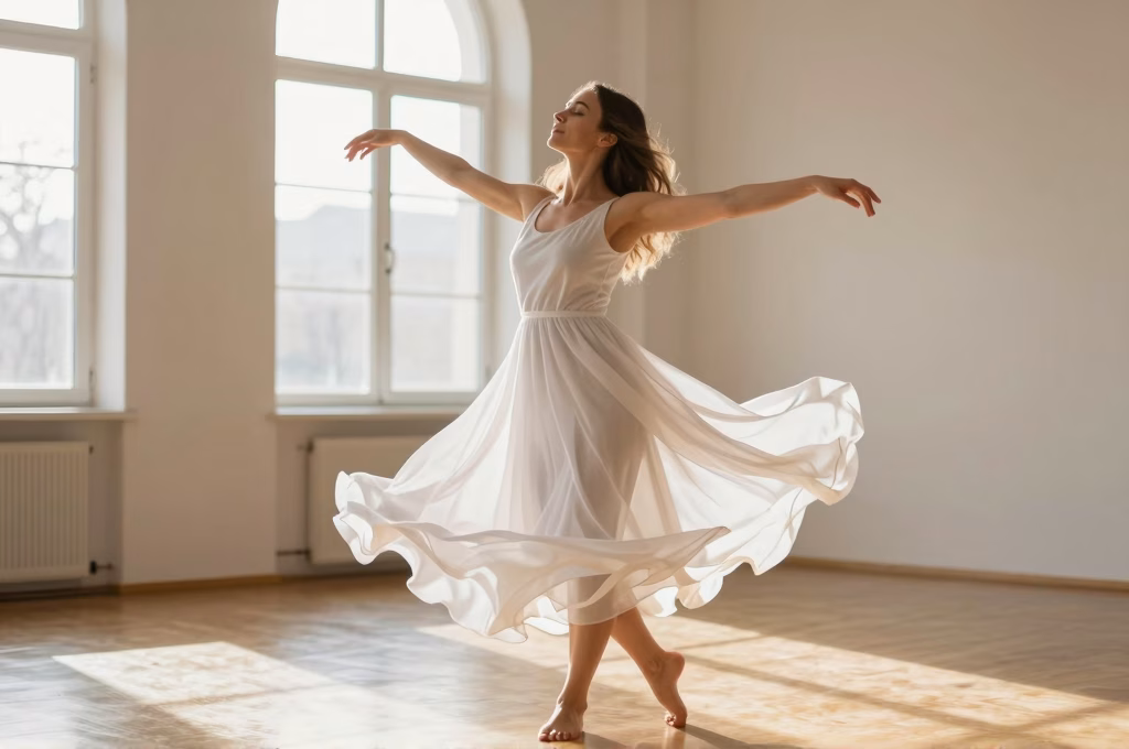 Femme dansant librement bras ouverts dans un studio baigne de lumiere doree symbole de renaissance emotionnelle