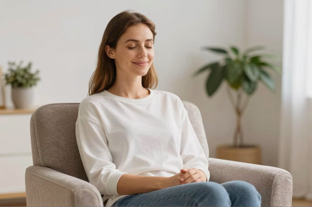 Femme sereine assise dans un cabinet de therapie illustrant la guerison de la dependance affective