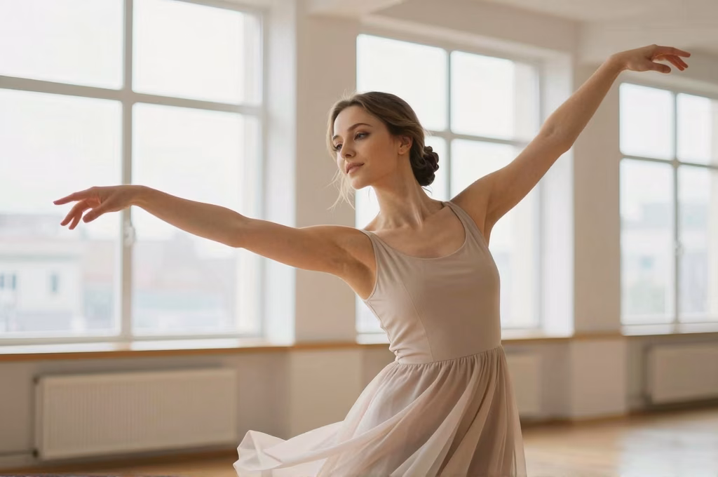 Seance de danse-therapie avec mouvements expressifs dans un studio lumineux