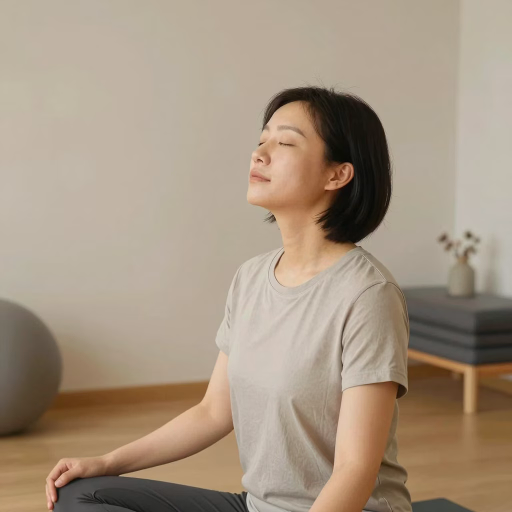 Exercice de respiration contrôlée en sophrologie, pratiqué dans un cadre thérapeutique calme et minimaliste