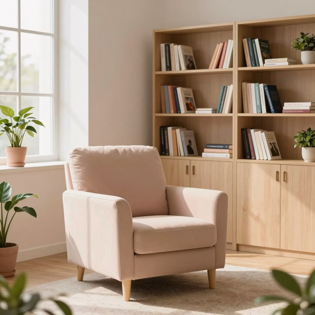 Cabinet de thérapie EMDR accueillant et lumineux avec fauteuil confortable