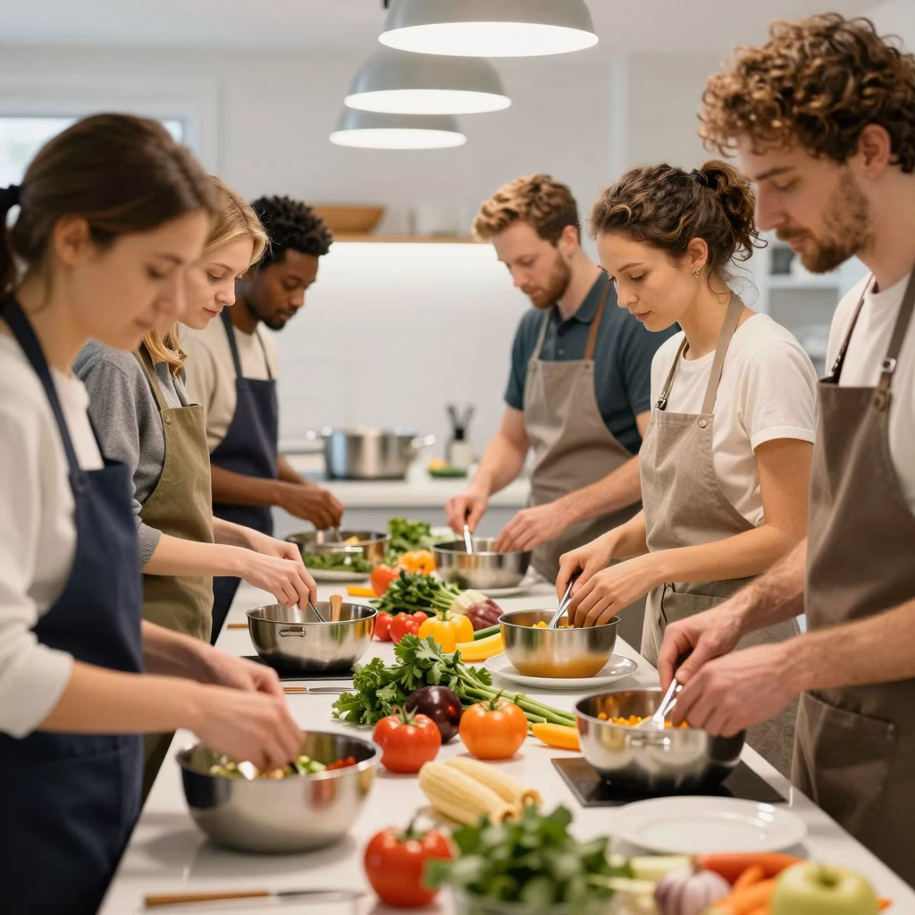 Atelier de culinothérapie en groupe : participants préparant un repas ensemble dans un cadre thérapeutique