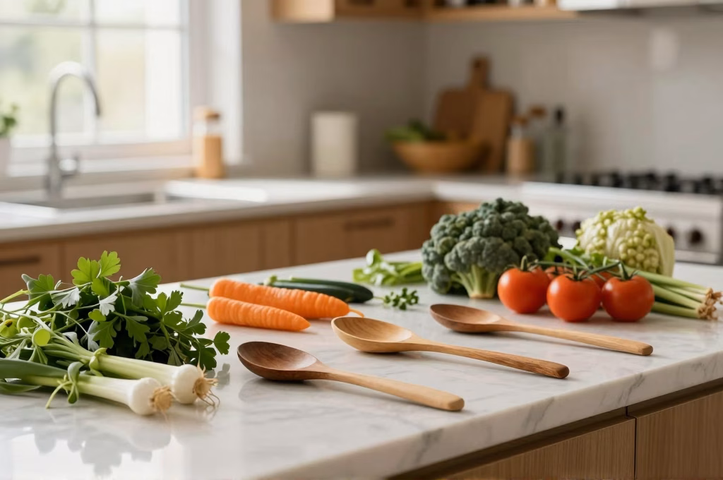 Espace de cuisine thérapeutique avec ingrédients frais disposés sur plan de travail