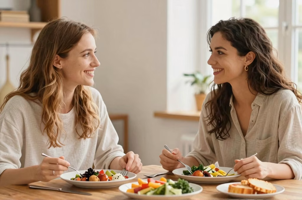 Deux femmes partageant un repas préparé en culinothérapie, renforçant le lien social